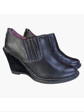 Hush Puppies Black Leather Western Wedge Clogs | Suede Heel | Size 7.5